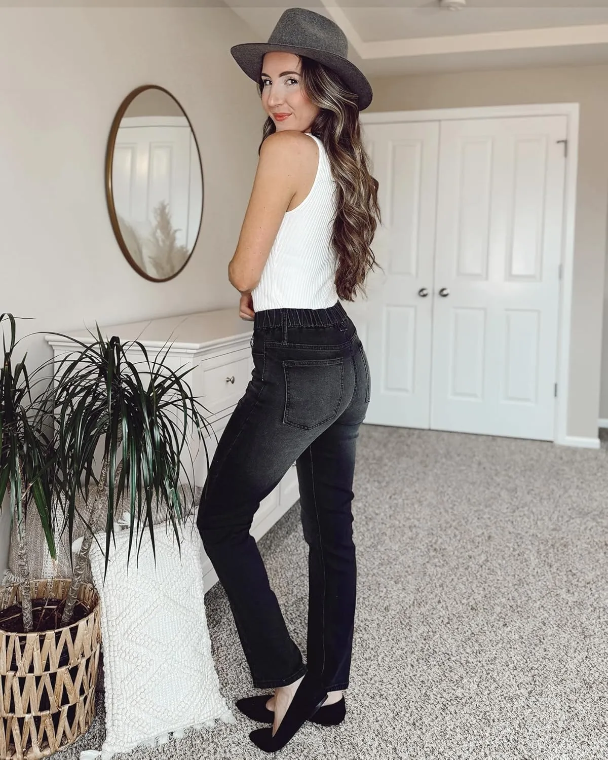 GRAPENT Straight Leg Jeans for Women Trendy Pull On High Waisted Cropped Elastic Waist Stretchy Denim Pants Ankle Jeans