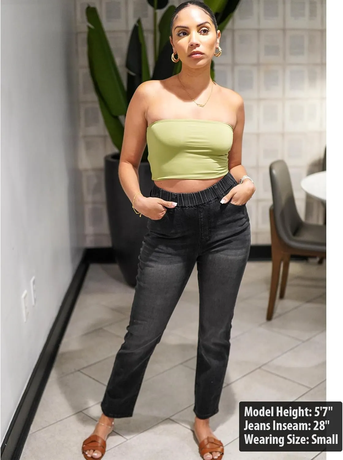 GRAPENT Straight Leg Jeans for Women Trendy Pull On High Waisted Cropped Elastic Waist Stretchy Denim Pants Ankle Jeans