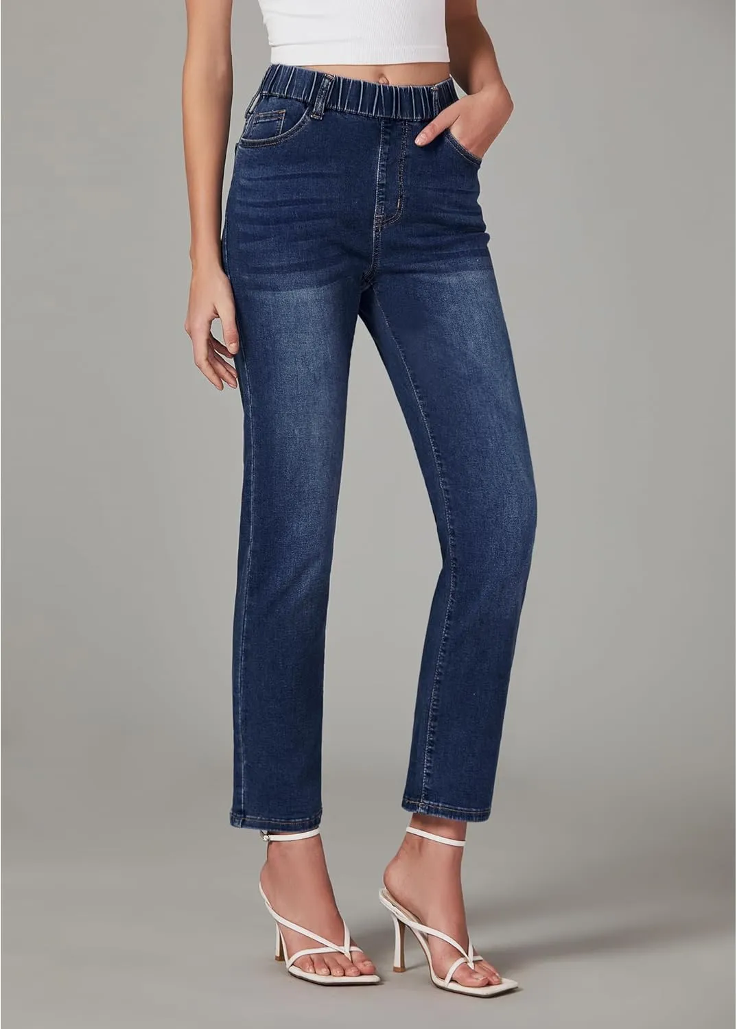 GRAPENT Straight Leg Jeans for Women Trendy Pull On High Waisted Cropped Elastic Waist Stretchy Denim Pants Ankle Jeans