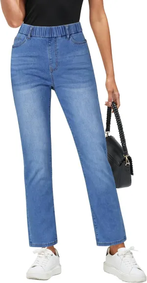 GRAPENT Straight Leg Jeans for Women Trendy Pull On High Waisted Cropped Elastic Waist Stretchy Denim Pants Ankle Jeans