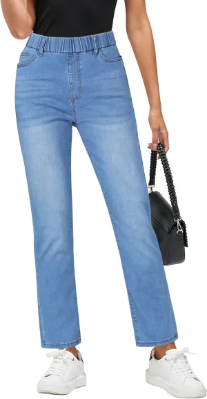 GRAPENT Straight Leg Jeans for Women Trendy Pull On High Waisted Cropped Elastic Waist Stretchy Denim Pants Ankle Jeans