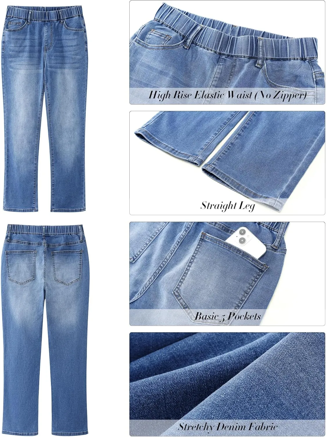 GRAPENT Straight Leg Jeans for Women Trendy Pull On High Waisted Cropped Elastic Waist Stretchy Denim Pants Ankle Jeans