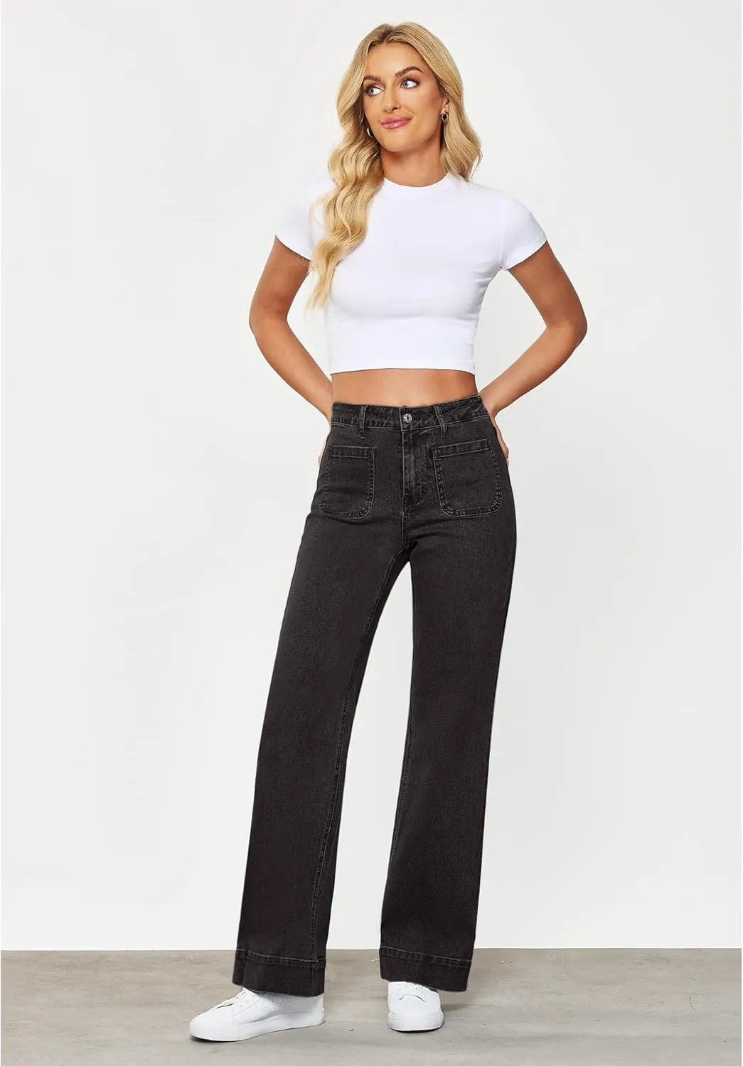GRAPENT Wide Leg Jeans for Women High Waisted Flare Trendy Stretchy Denim Pants Duo Pockets Trouser Jeans