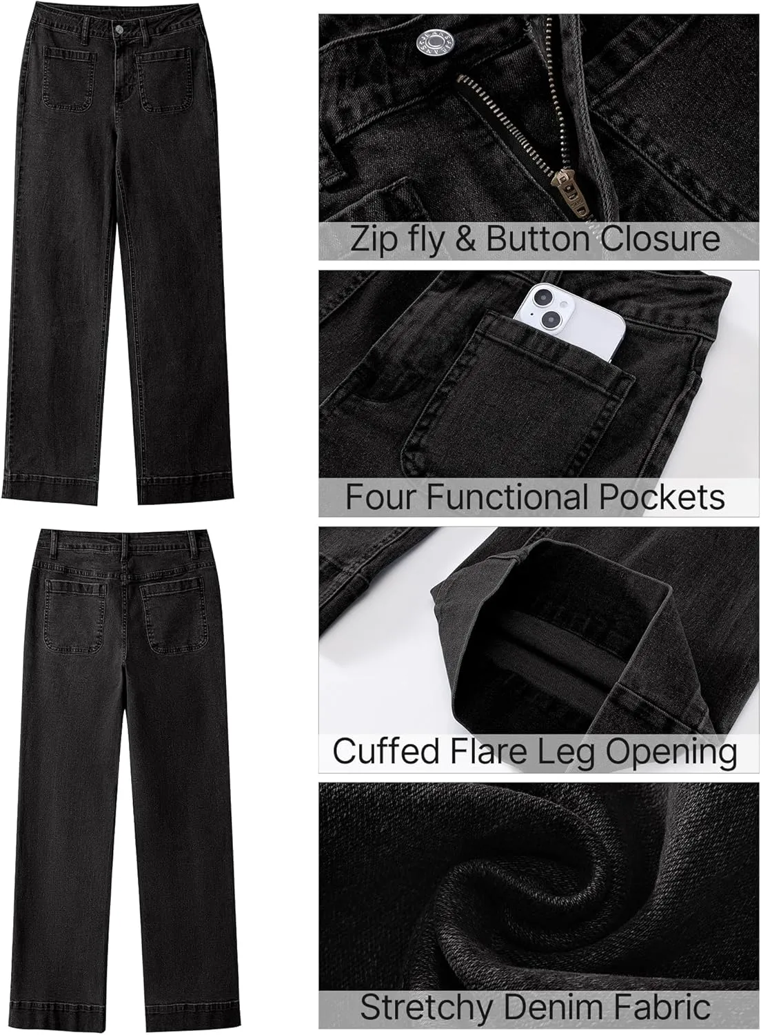 GRAPENT Wide Leg Jeans for Women High Waisted Flare Trendy Stretchy Denim Pants Duo Pockets Trouser Jeans