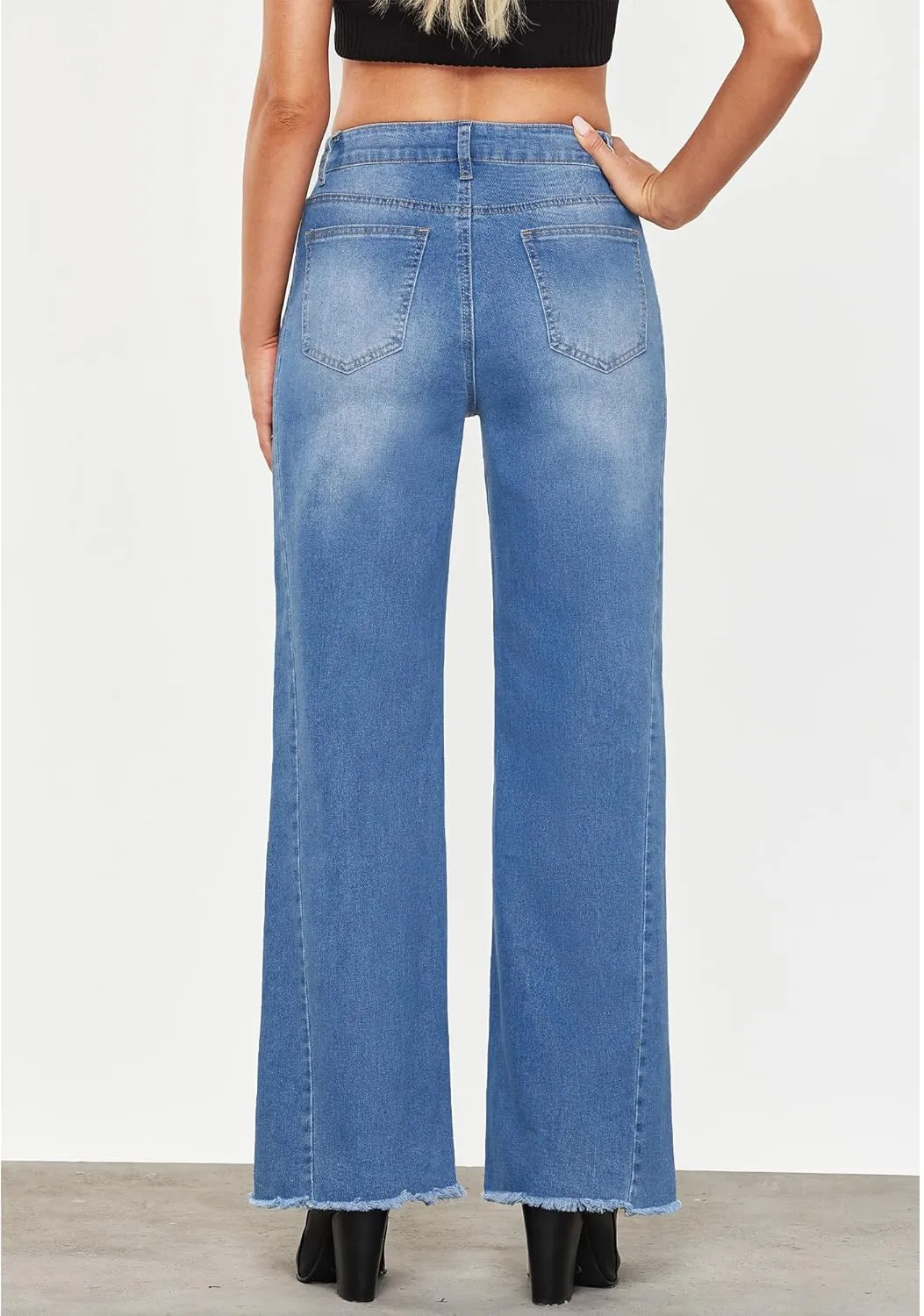 GRAPENT Wide Leg Jeans for Women High Waisted Trendy Strechy Denim Pants Side Seam Frayed Hem Baggy Work Trouser Jeans
