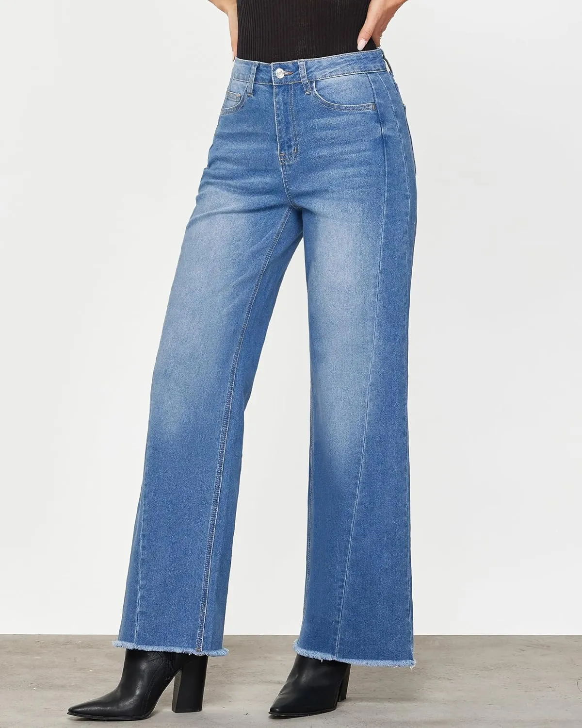 GRAPENT Wide Leg Jeans for Women High Waisted Trendy Strechy Denim Pants Side Seam Frayed Hem Baggy Work Trouser Jeans