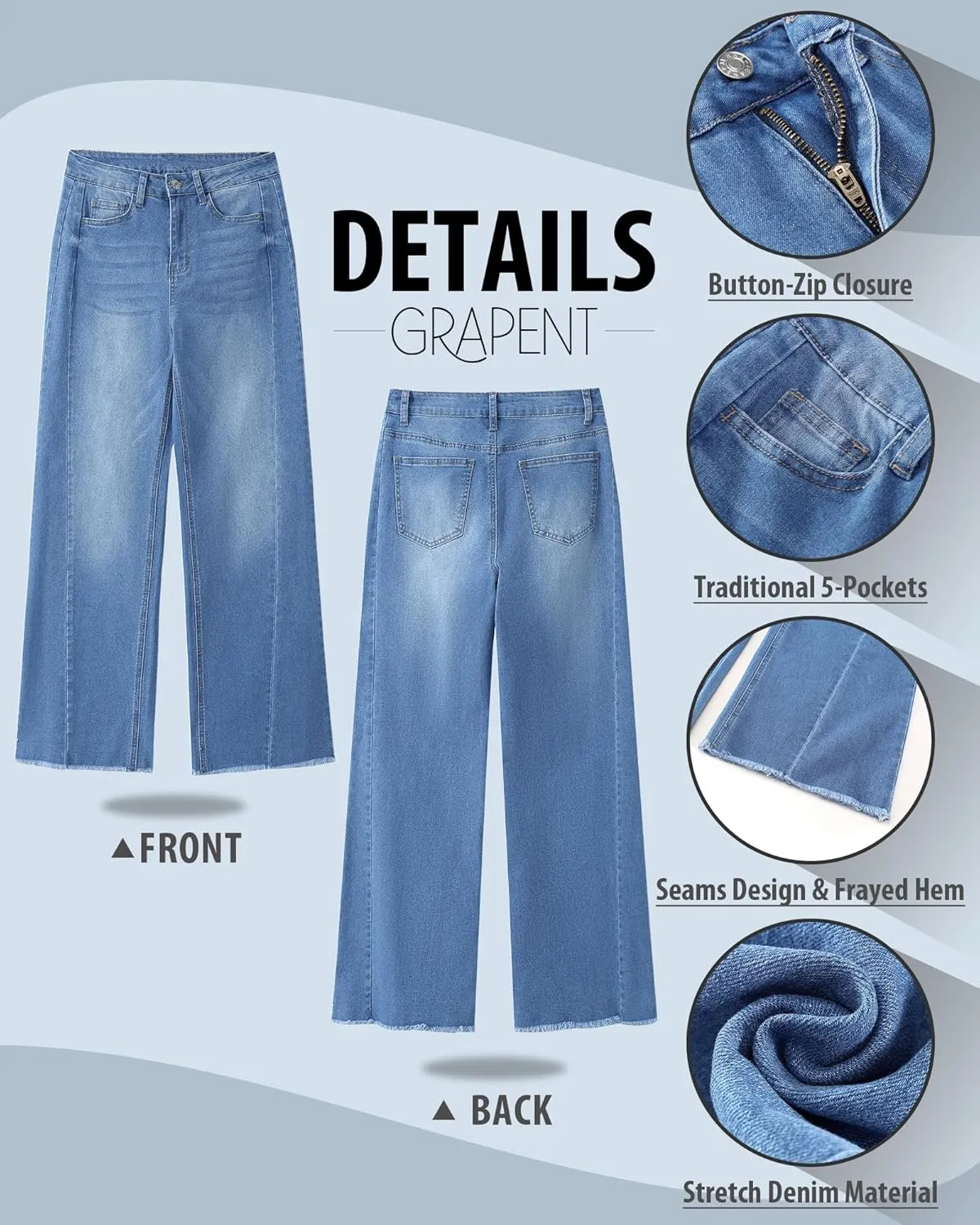 GRAPENT Wide Leg Jeans for Women High Waisted Trendy Strechy Denim Pants Side Seam Frayed Hem Baggy Work Trouser Jeans