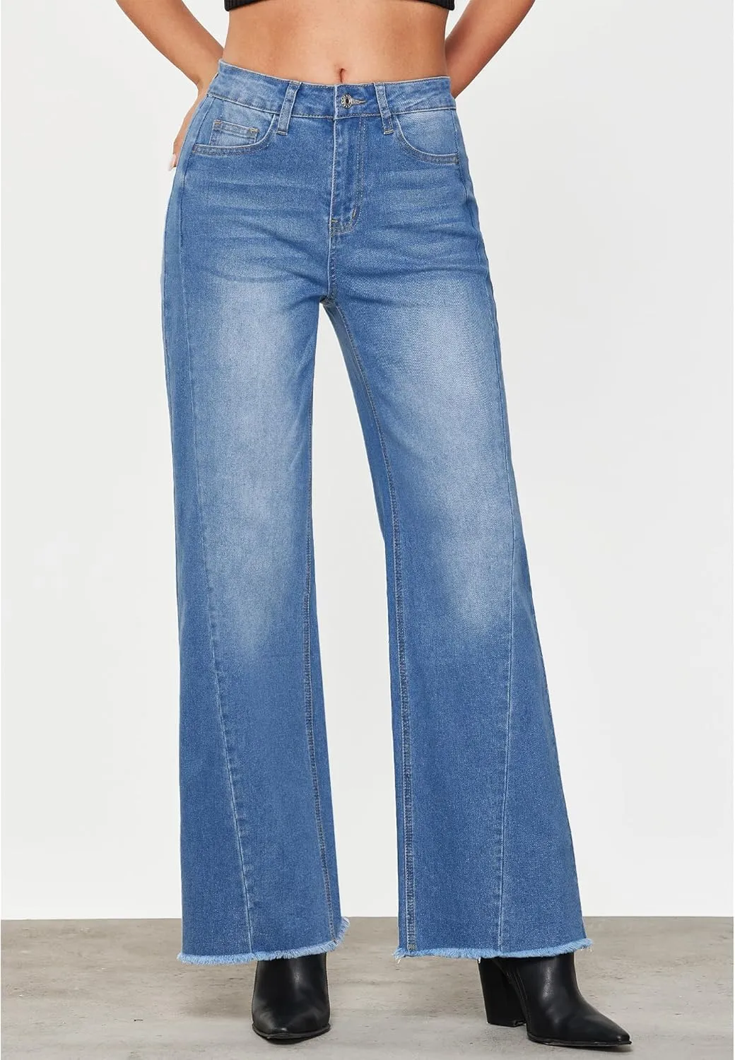 GRAPENT Wide Leg Jeans for Women High Waisted Trendy Strechy Denim Pants Side Seam Frayed Hem Baggy Work Trouser Jeans