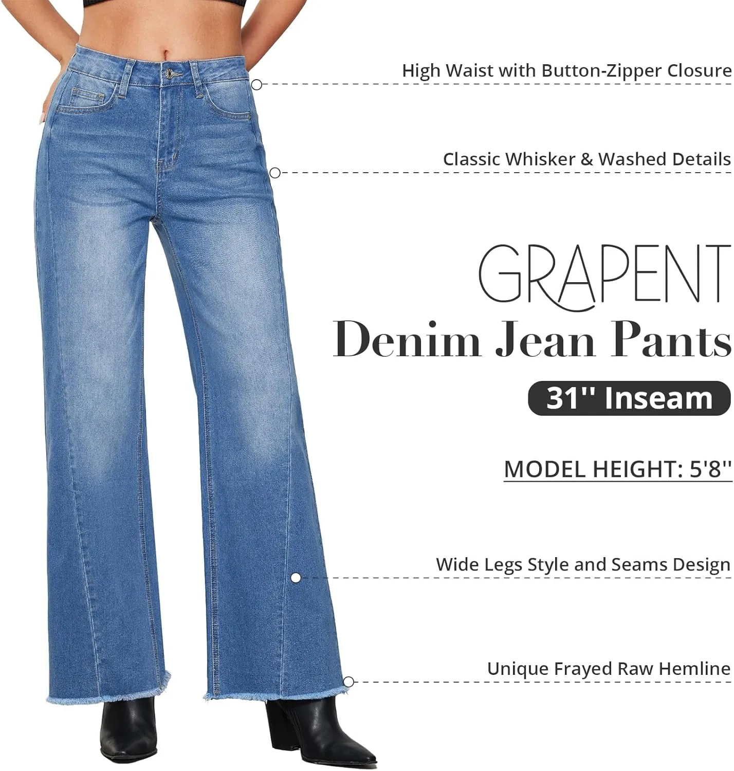 GRAPENT Wide Leg Jeans for Women High Waisted Trendy Strechy Denim Pants Side Seam Frayed Hem Baggy Work Trouser Jeans
