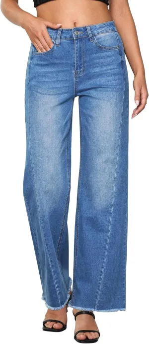 GRAPENT Wide Leg Jeans for Women High Waisted Trendy Strechy Denim Pants Side Seam Frayed Hem Baggy Work Trouser Jeans
