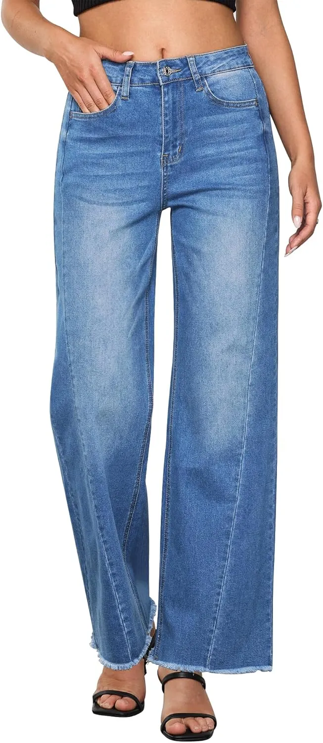 GRAPENT Wide Leg Jeans for Women High Waisted Trendy Strechy Denim Pants Side Seam Frayed Hem Baggy Work Trouser Jeans