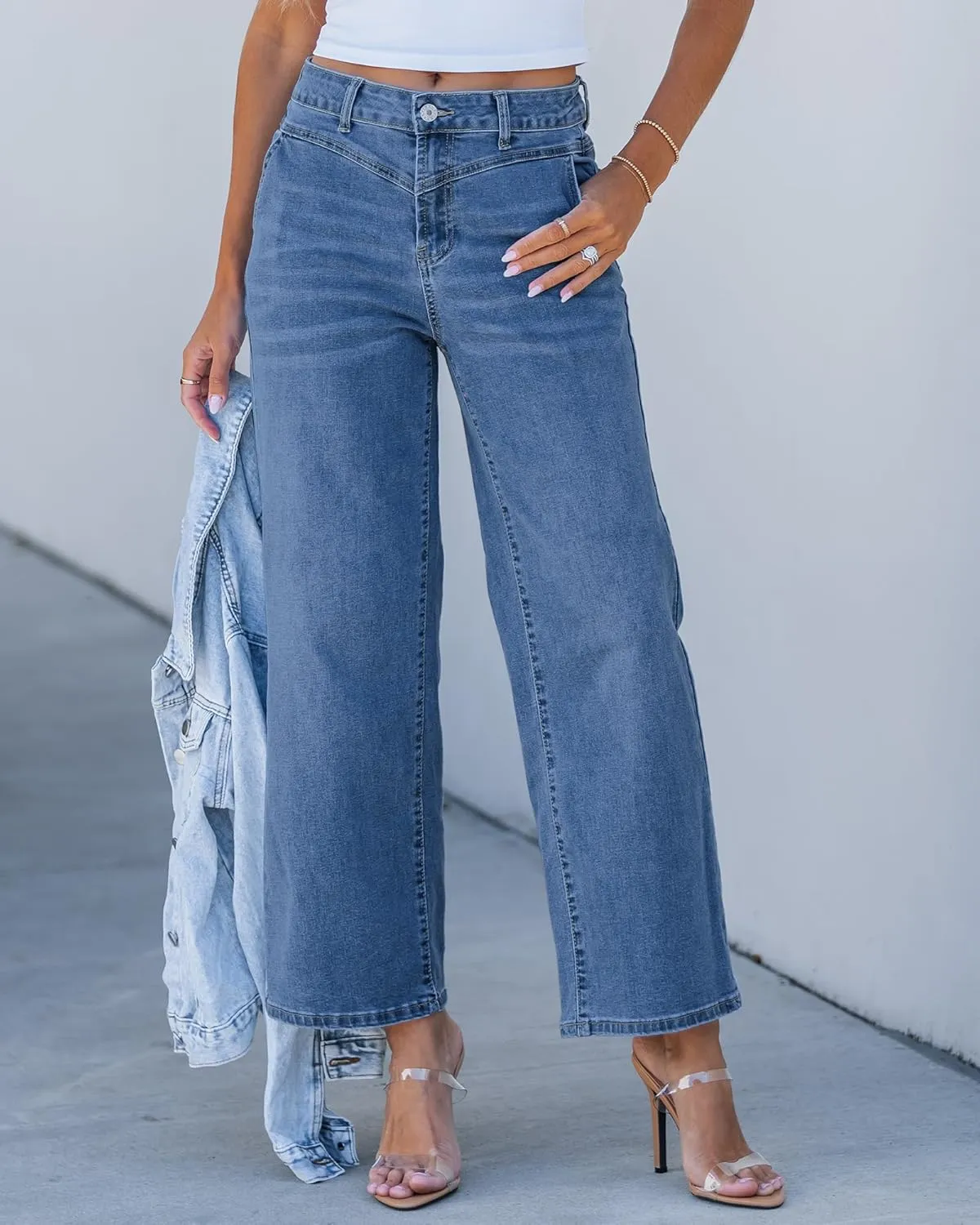 GRAPENT Wide Leg Jeans for Women Trendy Cropped High Waisted Front Yoke Casual Stretchy Denim Trousers Ankle Pants Jeans