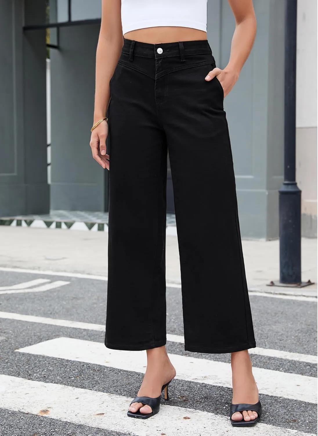 GRAPENT Wide Leg Jeans for Women Trendy Cropped High Waisted Front Yoke Casual Stretchy Denim Trousers Ankle Pants Jeans
