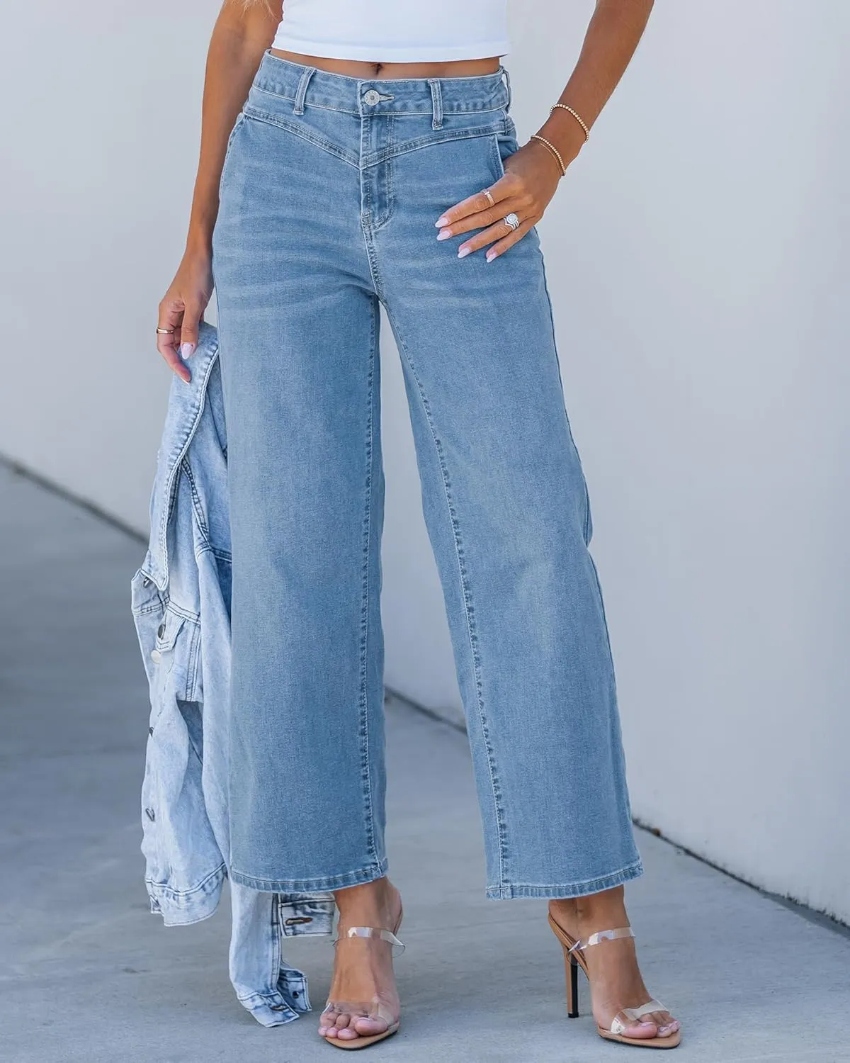 GRAPENT Wide Leg Jeans for Women Trendy Cropped High Waisted Front Yoke Casual Stretchy Denim Trousers Ankle Pants Jeans