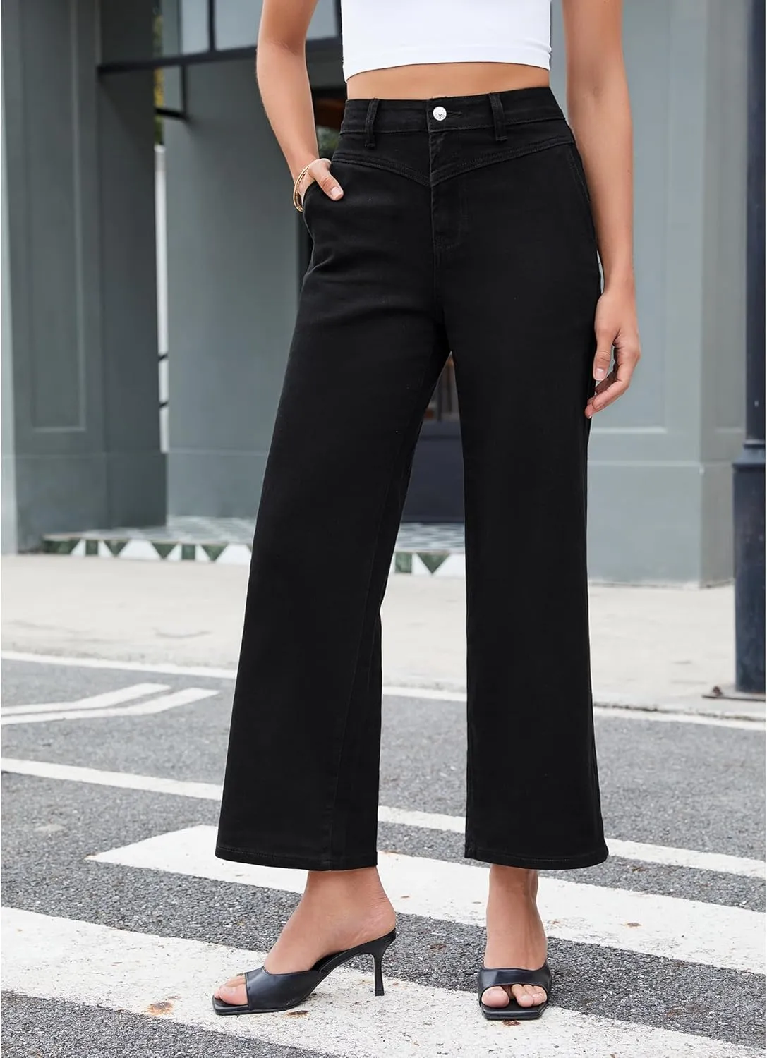 GRAPENT Wide Leg Jeans for Women Trendy Cropped High Waisted Front Yoke Casual Stretchy Denim Trousers Ankle Pants Jeans