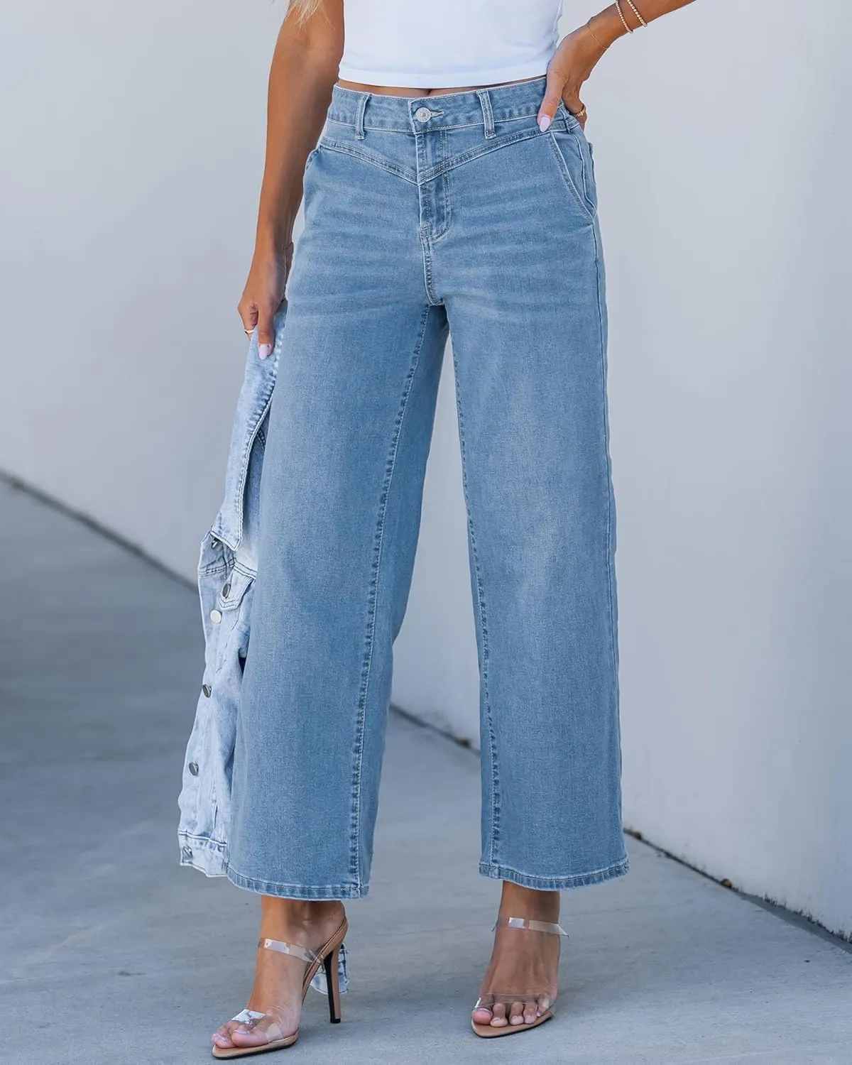 GRAPENT Wide Leg Jeans for Women Trendy Cropped High Waisted Front Yoke Casual Stretchy Denim Trousers Ankle Pants Jeans