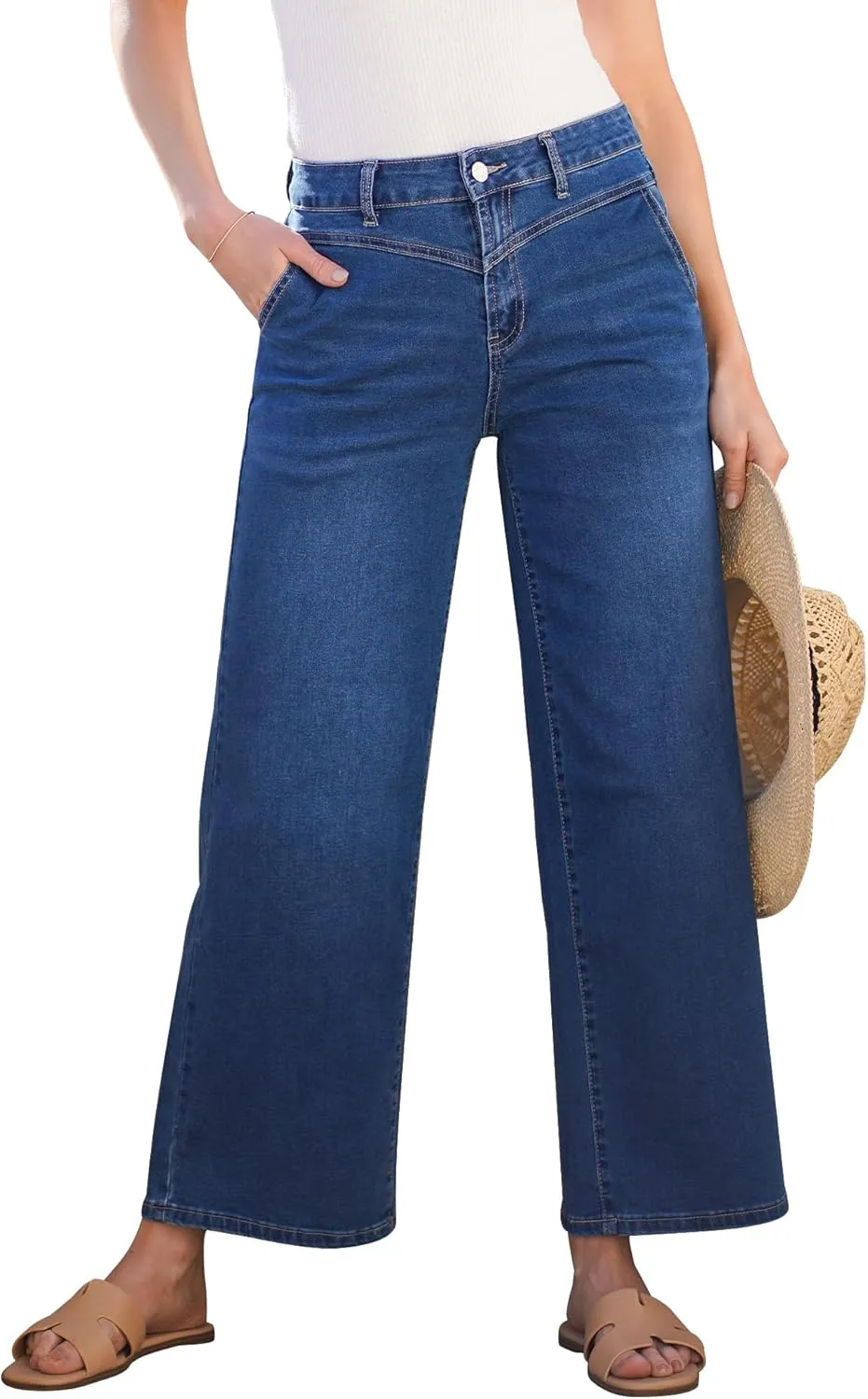 GRAPENT Wide Leg Jeans for Women Trendy Cropped High Waisted Front Yoke Casual Stretchy Denim Trousers Ankle Pants Jeans