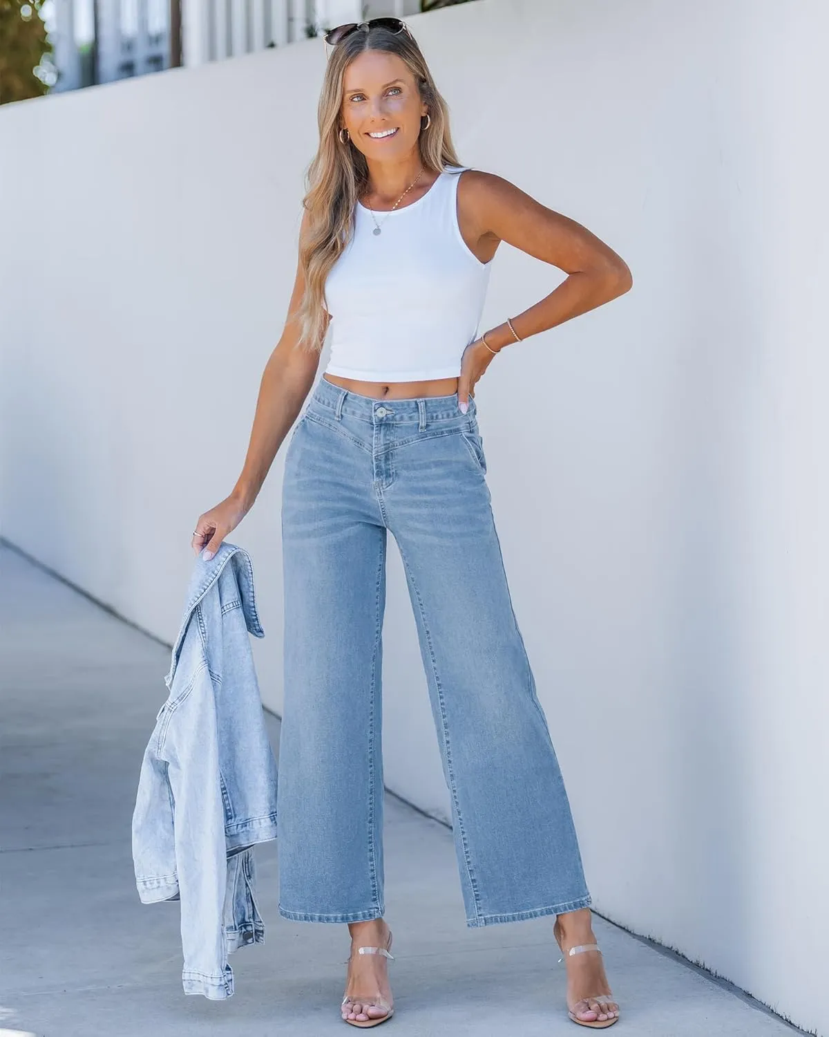GRAPENT Wide Leg Jeans for Women Trendy Cropped High Waisted Front Yoke Casual Stretchy Denim Trousers Ankle Pants Jeans