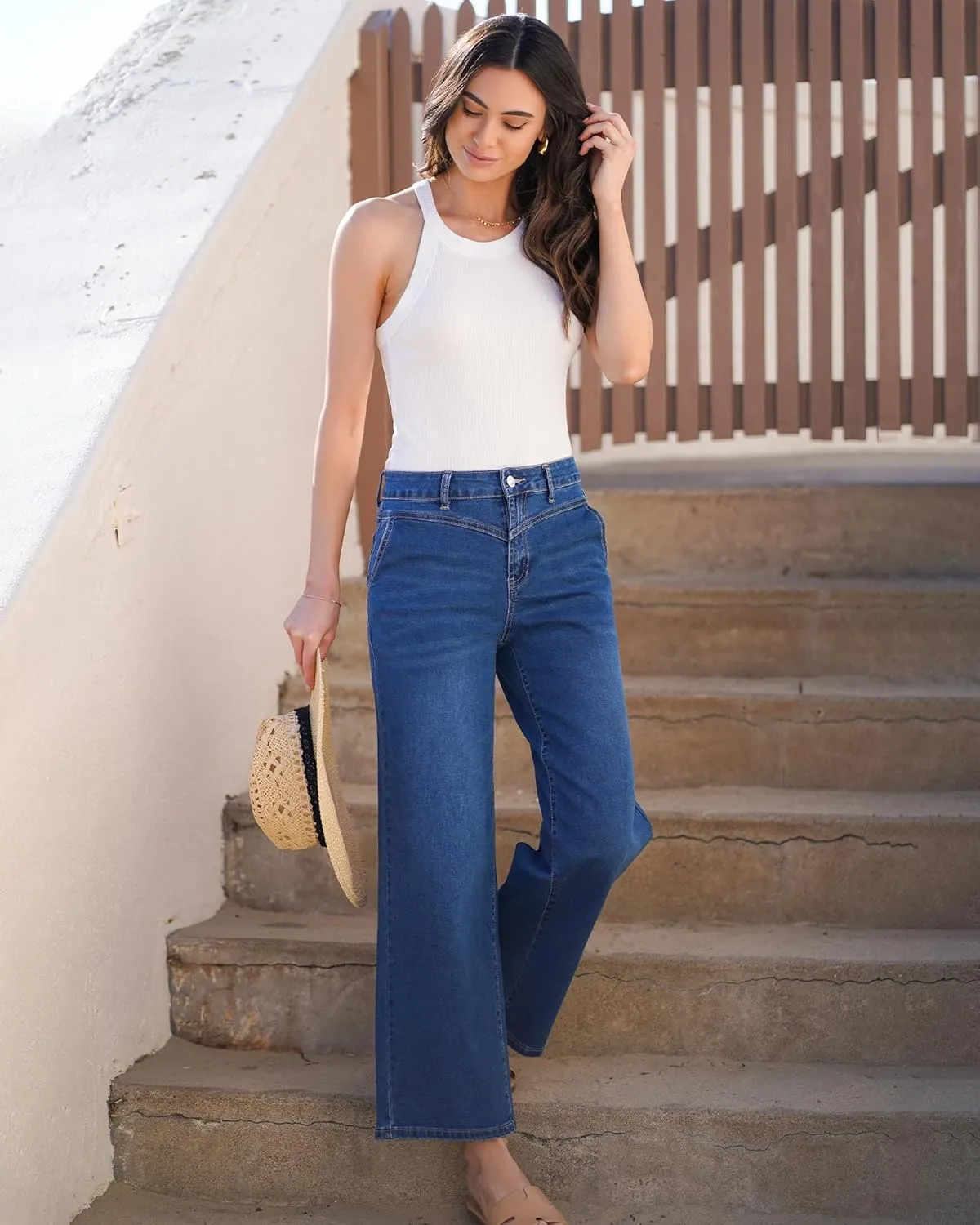 GRAPENT Wide Leg Jeans for Women Trendy Cropped High Waisted Front Yoke Casual Stretchy Denim Trousers Ankle Pants Jeans