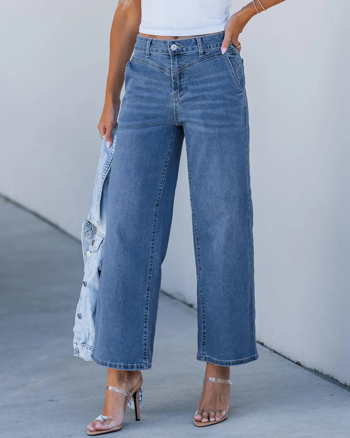 GRAPENT Wide Leg Jeans for Women Trendy Cropped High Waisted Front Yoke Casual Stretchy Denim Trousers Ankle Pants Jeans