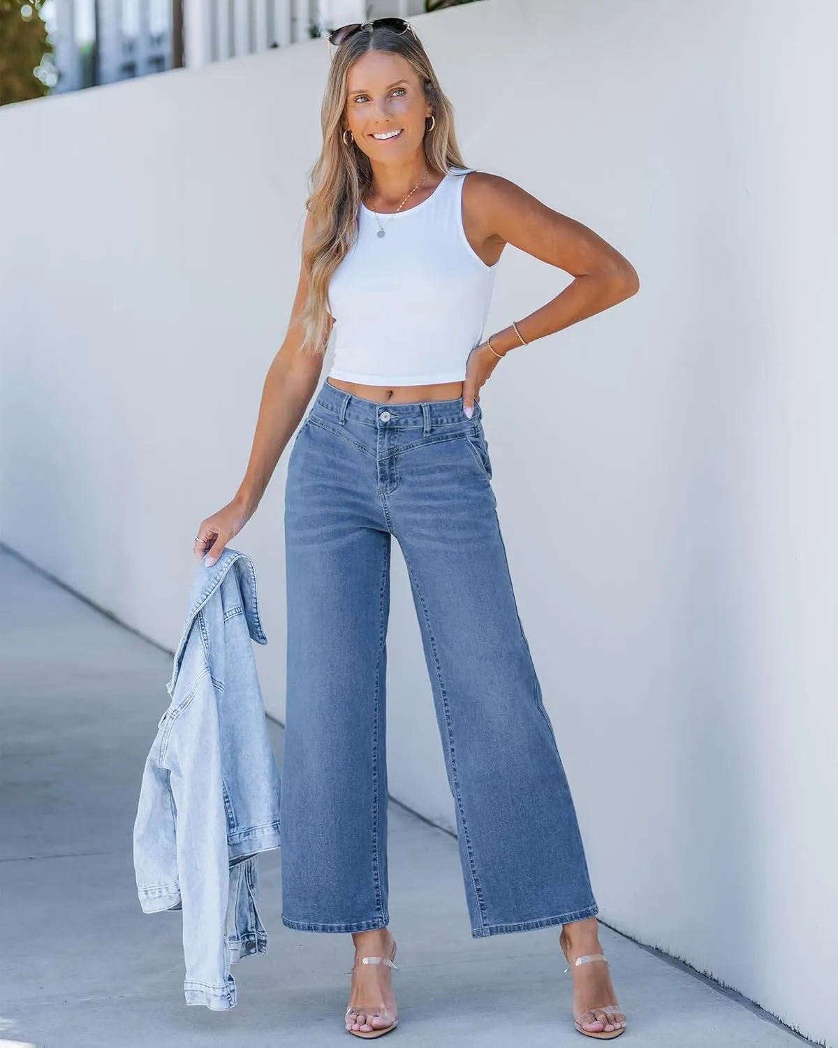 GRAPENT Wide Leg Jeans for Women Trendy Cropped High Waisted Front Yoke Casual Stretchy Denim Trousers Ankle Pants Jeans
