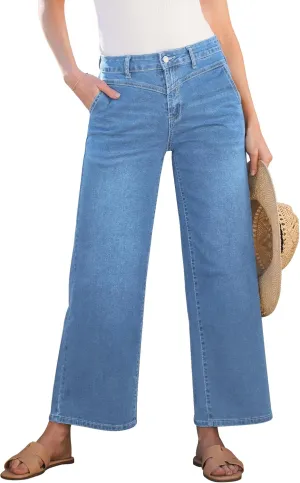 GRAPENT Wide Leg Jeans for Women Trendy Cropped High Waisted Front Yoke Casual Stretchy Denim Trousers Ankle Pants Jeans