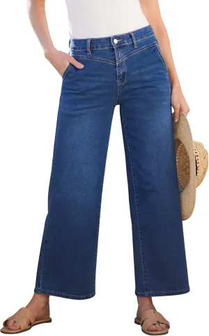 GRAPENT Wide Leg Jeans for Women Trendy Cropped High Waisted Front Yoke Casual Stretchy Denim Trousers Ankle Pants Jeans
