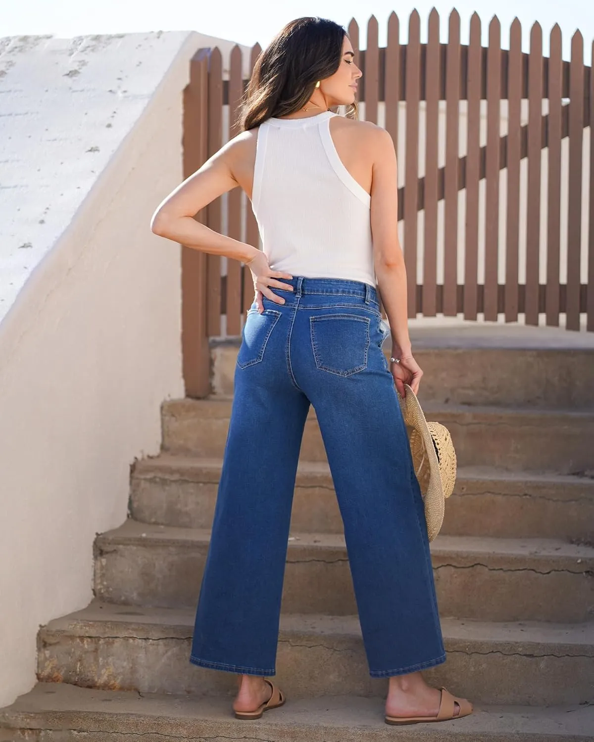 GRAPENT Wide Leg Jeans for Women Trendy Cropped High Waisted Front Yoke Casual Stretchy Denim Trousers Ankle Pants Jeans