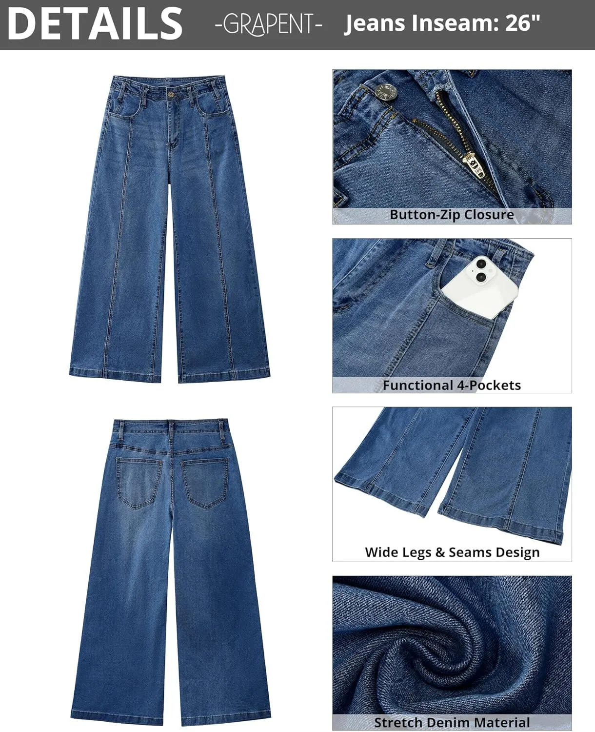 GRAPENT Wide Leg Jeans Woman Trendy Cropped High Waisted Front Seam Casual Stretchy Denim Trouser Jeans with Pockets