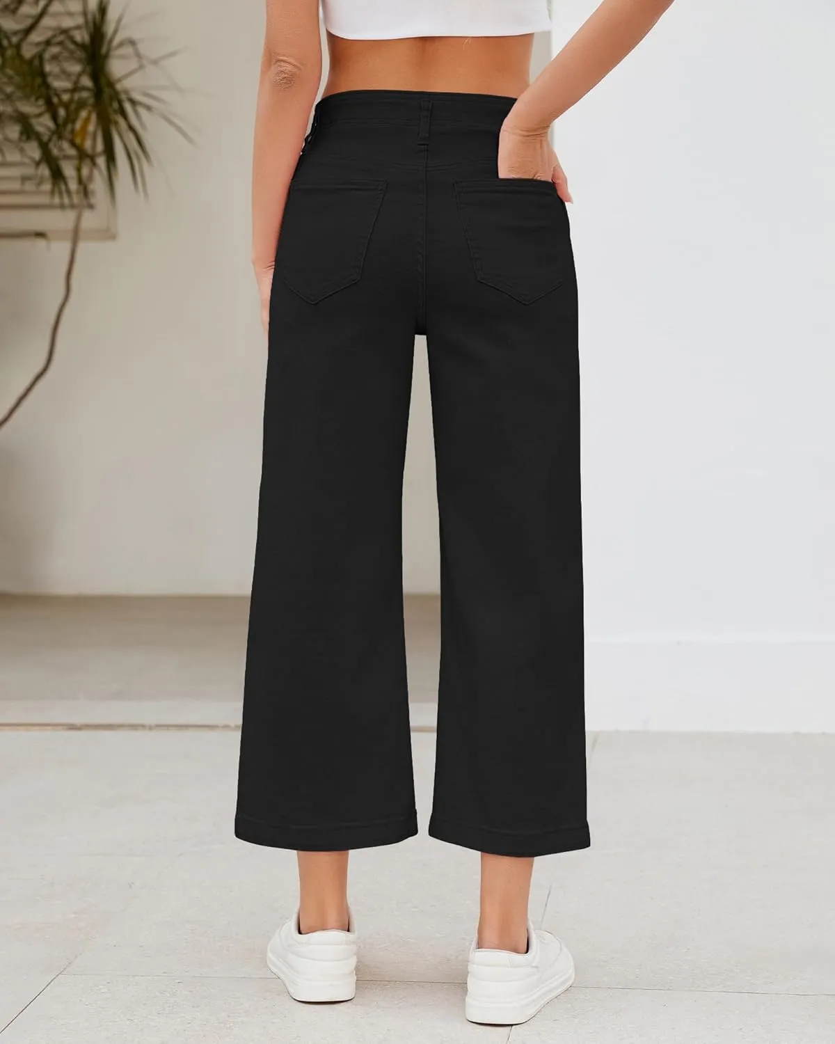 GRAPENT Wide Leg Jeans Woman Trendy Cropped High Waisted Front Seam Casual Stretchy Denim Trouser Jeans with Pockets