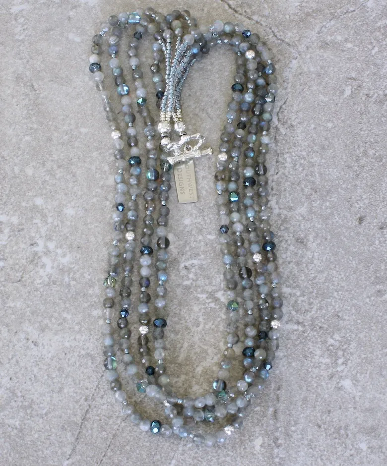 Gray Labradorite Faceted Rounds 4-Strand Necklace with Blue-Gray Cathedral Cut Faceted Glass, Iridescent Blue Crystal Rounds, and Sterling Silver Beads and Toggle Clasp