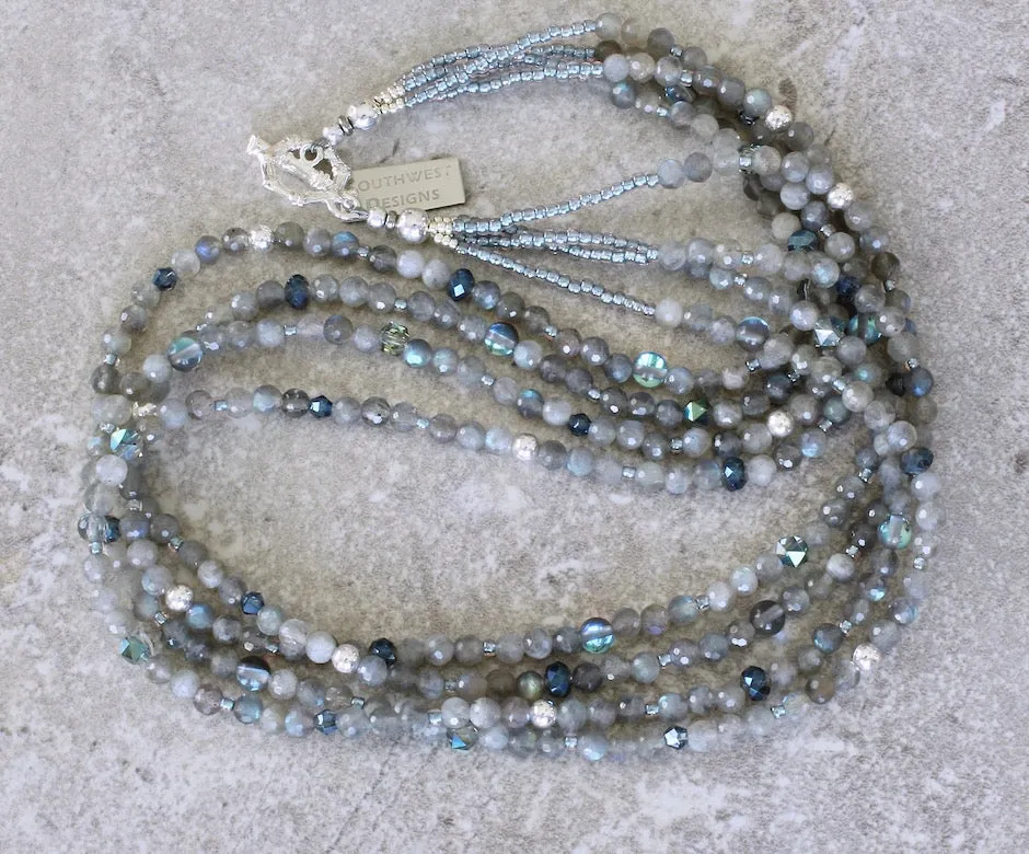 Gray Labradorite Faceted Rounds 4-Strand Necklace with Blue-Gray Cathedral Cut Faceted Glass, Iridescent Blue Crystal Rounds, and Sterling Silver Beads and Toggle Clasp