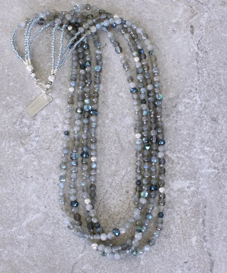 Gray Labradorite Faceted Rounds 4-Strand Necklace with Blue-Gray Cathedral Cut Faceted Glass, Iridescent Blue Crystal Rounds, and Sterling Silver Beads and Toggle Clasp