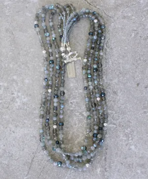 Gray Labradorite Faceted Rounds 4-Strand Necklace with Blue-Gray Cathedral Cut Faceted Glass, Iridescent Blue Crystal Rounds, and Sterling Silver Beads and Toggle Clasp
