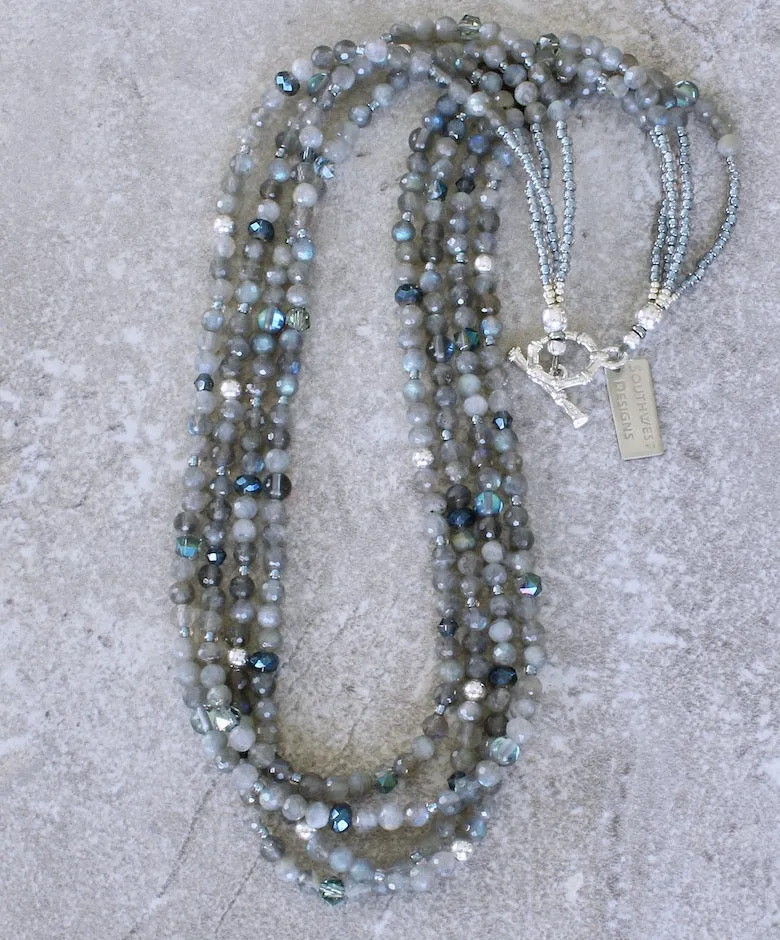 Gray Labradorite Faceted Rounds 4-Strand Necklace with Blue-Gray Cathedral Cut Faceted Glass, Iridescent Blue Crystal Rounds, and Sterling Silver Beads and Toggle Clasp