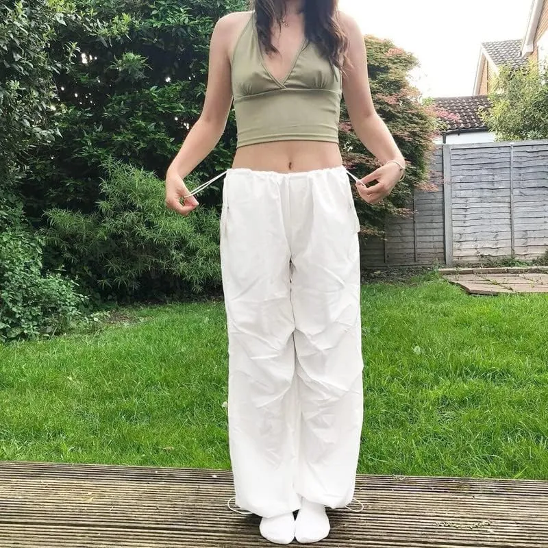 Grunge Cargo Pants for Women Baggy Low Rise Drawstring Cargo Trousers with Pocket Vintage Gothic Streetwear