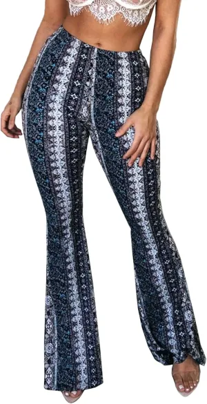 GUOLEZEEV Women High Waisted Flare Leggings Bohemian Print Flowy Pants Bell Bottom