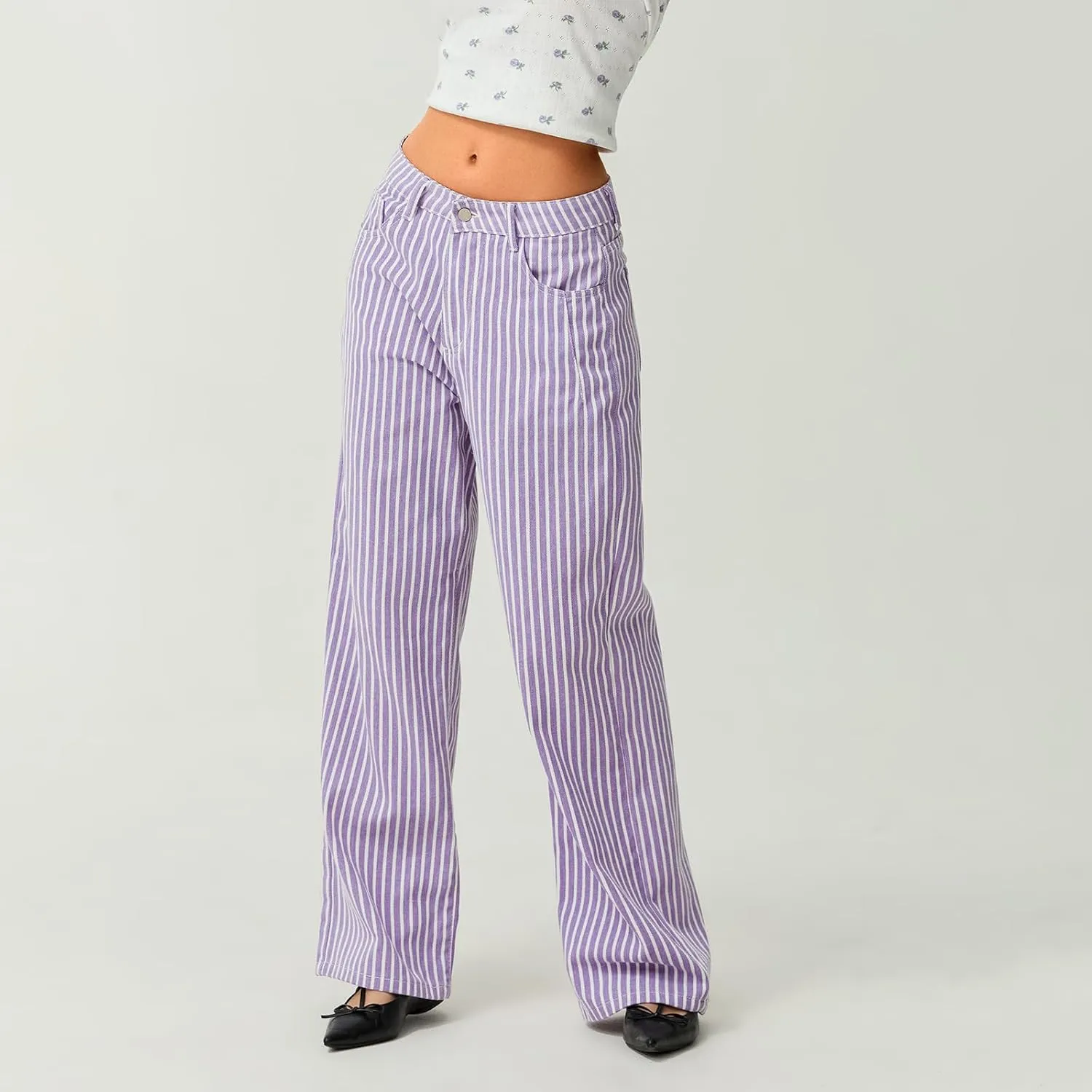 Hassembly Women Y2K Striped Jeans High Waist Button Wide Leg Casual Denim Pants Bootcut Flare Boyfriend Trousers with Pockets