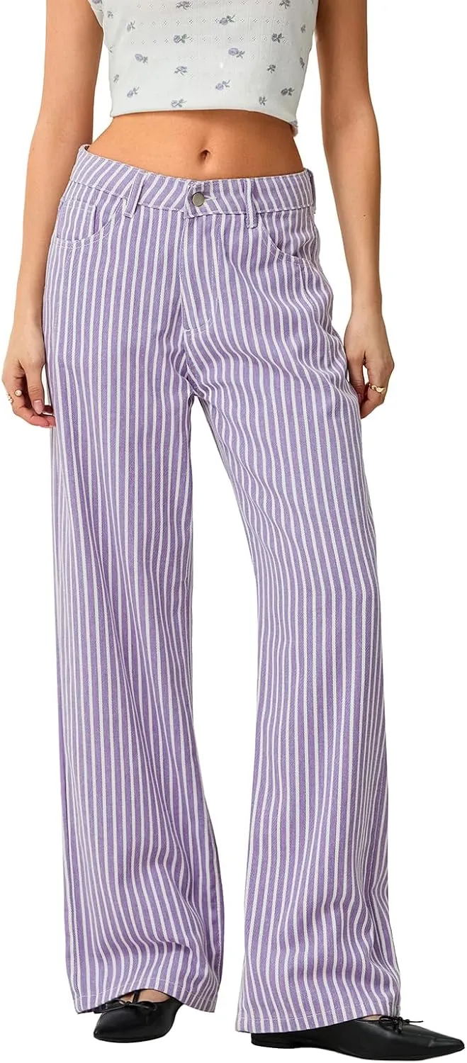 Hassembly Women Y2K Striped Jeans High Waist Button Wide Leg Casual Denim Pants Bootcut Flare Boyfriend Trousers with Pockets