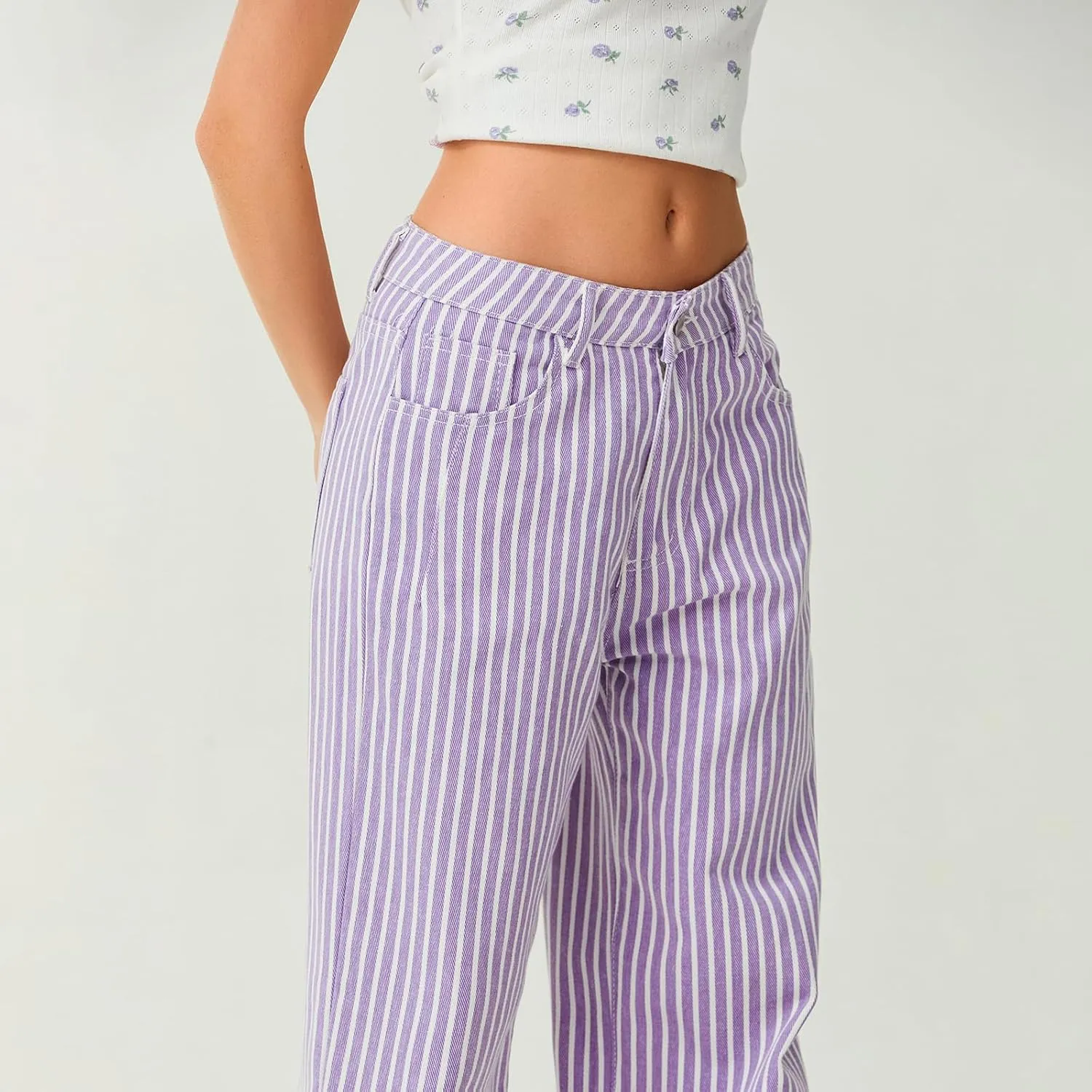 Hassembly Women Y2K Striped Jeans High Waist Button Wide Leg Casual Denim Pants Bootcut Flare Boyfriend Trousers with Pockets