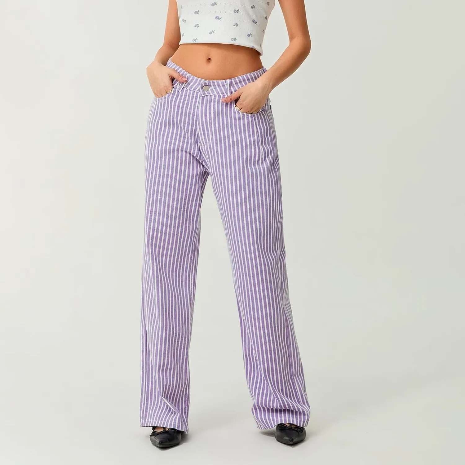 Hassembly Women Y2K Striped Jeans High Waist Button Wide Leg Casual Denim Pants Bootcut Flare Boyfriend Trousers with Pockets