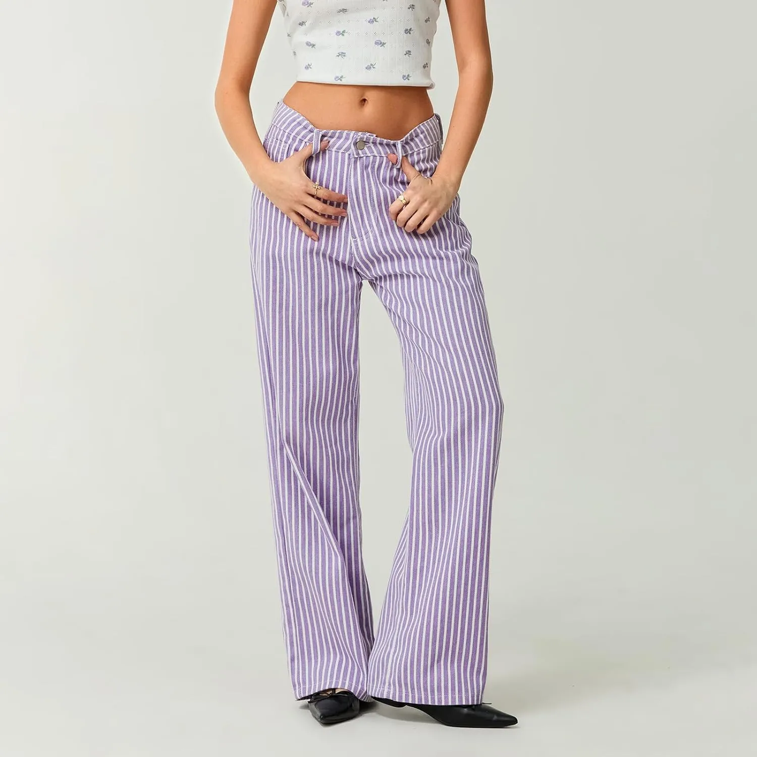 Hassembly Women Y2K Striped Jeans High Waist Button Wide Leg Casual Denim Pants Bootcut Flare Boyfriend Trousers with Pockets