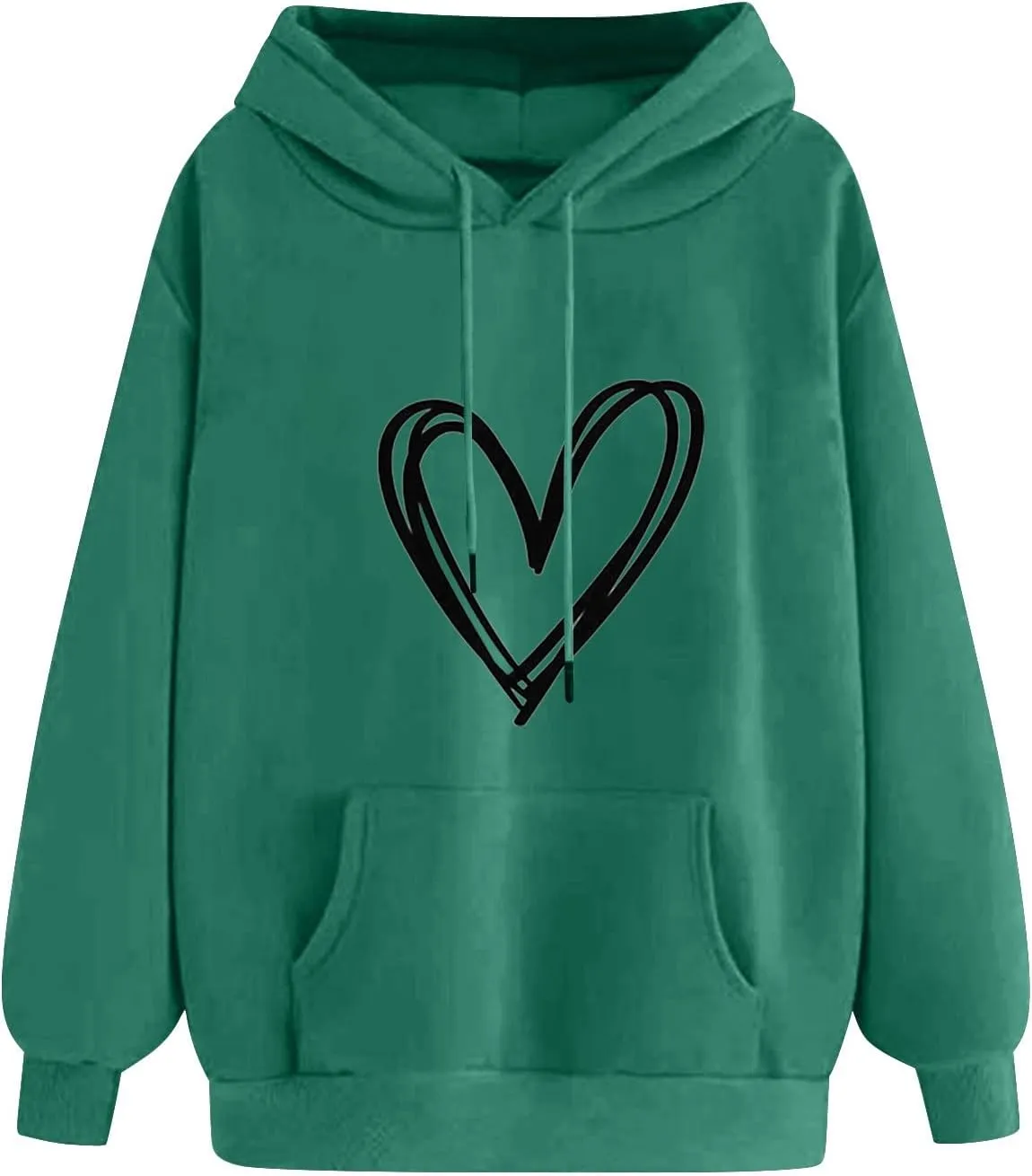 Heart Graphic Hoodie Women Casual Pullover Sweatshirt Drawstring Pocket Relaxed Long Sleeve Soft Streetwear