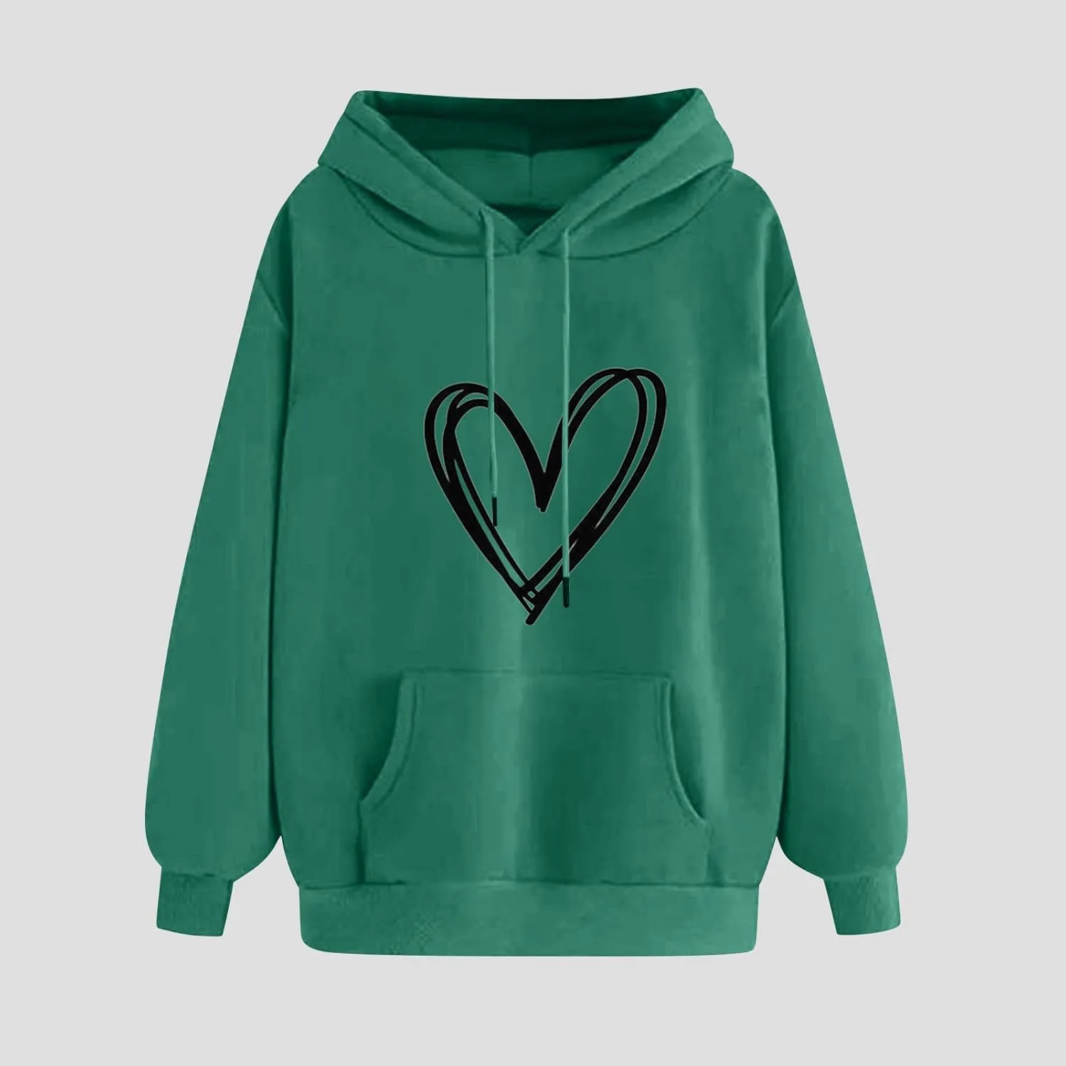 Heart Graphic Hoodie Women Casual Pullover Sweatshirt Drawstring Pocket Relaxed Long Sleeve Soft Streetwear