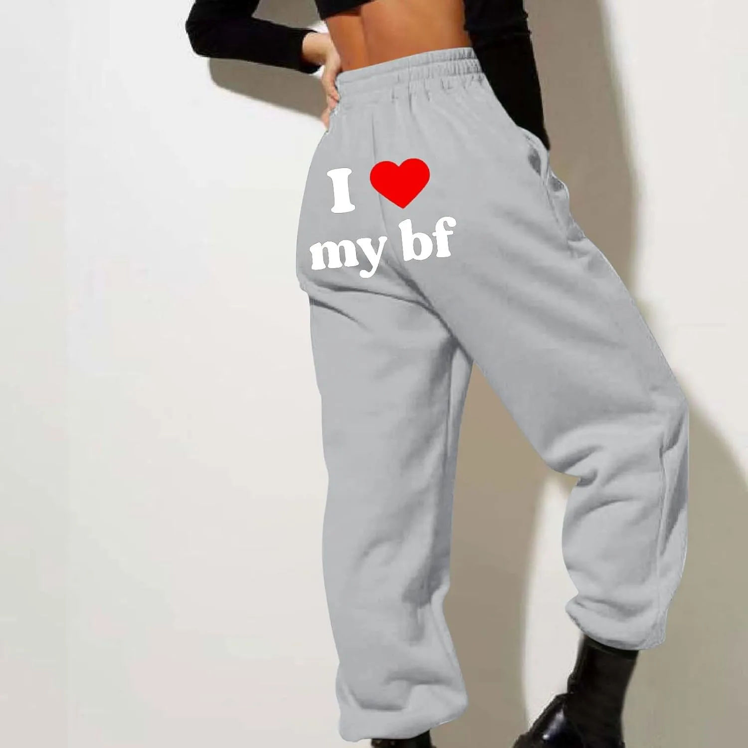 Heart Print Sweatpants for Women Long Pants I Love My bf Jogger Pants Elastic High Waist Trousers