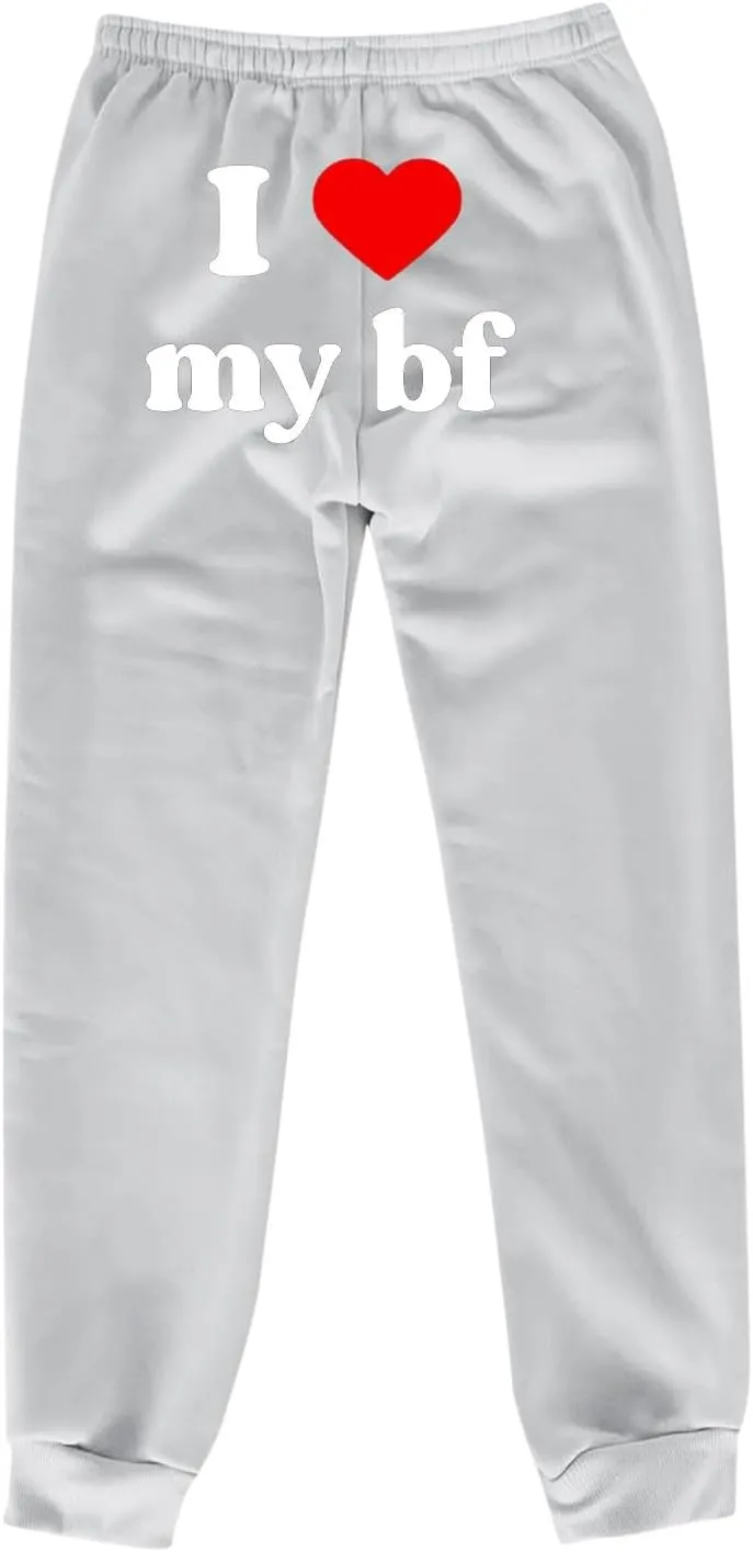 Heart Print Sweatpants for Women Long Pants I Love My bf Jogger Pants Elastic High Waist Trousers