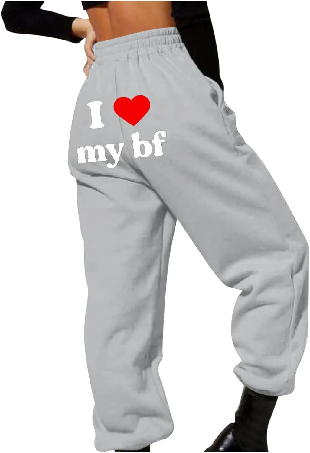 Heart Print Sweatpants for Women Long Pants I Love My bf Jogger Pants Elastic High Waist Trousers