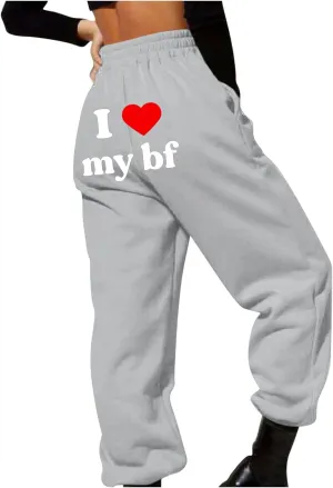 Heart Print Sweatpants for Women Long Pants I Love My bf Jogger Pants Elastic High Waist Trousers