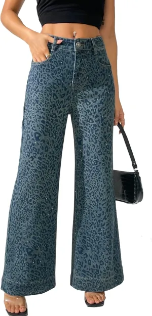 heipeiwa Women's Leopard Rhinestone Flare Jeans High Waist Bell Bottom Wide Leg Baggy Stretch Denim Pants