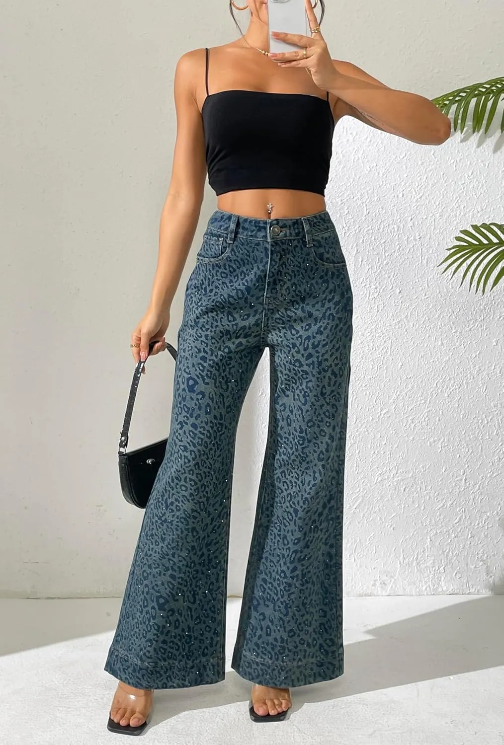 heipeiwa Women's Leopard Rhinestone Flare Jeans High Waist Bell Bottom Wide Leg Baggy Stretch Denim Pants